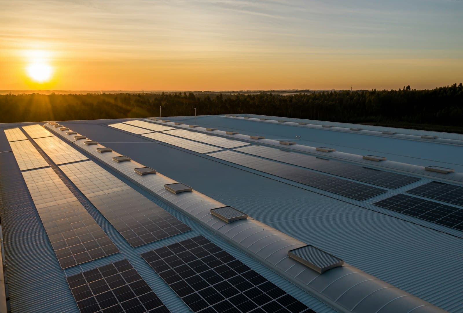Dak met zonnepanelen in laagstaande zon